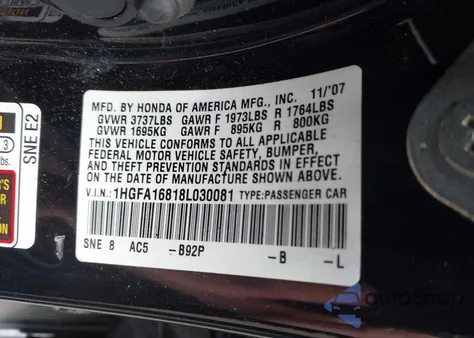 2008 Honda Civic Ex из США, поврежденный, VIN 1HGFA16818L030081